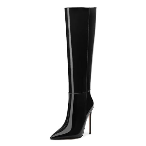 AMBELIGHT Black Patent Knee High Boots for Women Stiletto Heel Patent Pointed Toe Pull On Long Boots Elegant Sexy Fashion Fall Winter Tall Boots 4.8 Inch Size 10 | Amazon (US)