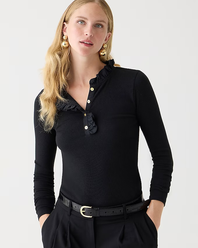 Ruffle-collar long-sleeve shirt in vintage rib | J. Crew US