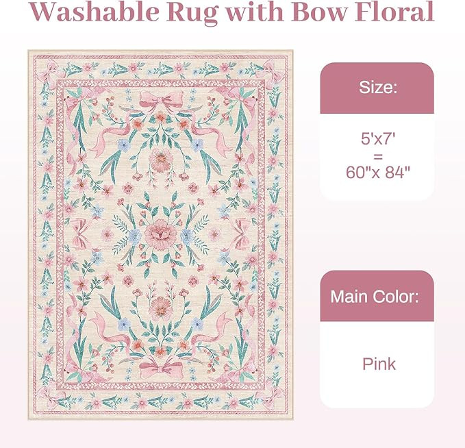 Pink Floral Rug 5x7 for Girls Bedroom or Nursery, Cute Bow Washable Area Rug, Ultra-Thin Non Slip... | Amazon (US)