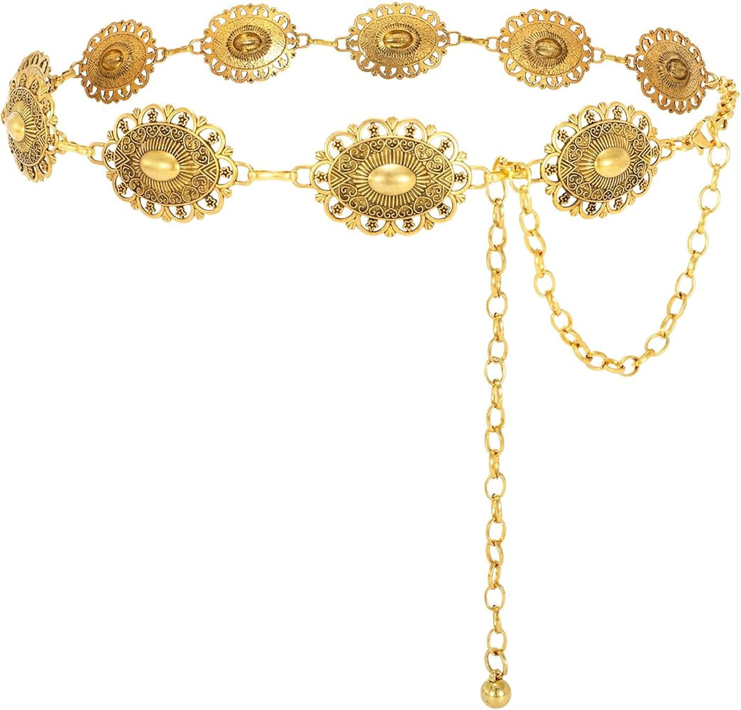 SANSTHS Women Western Metal Chain Belt Cowgirl Waist Chain Belt for Dresses Jeans Concho Gold Cha... | Amazon (US)