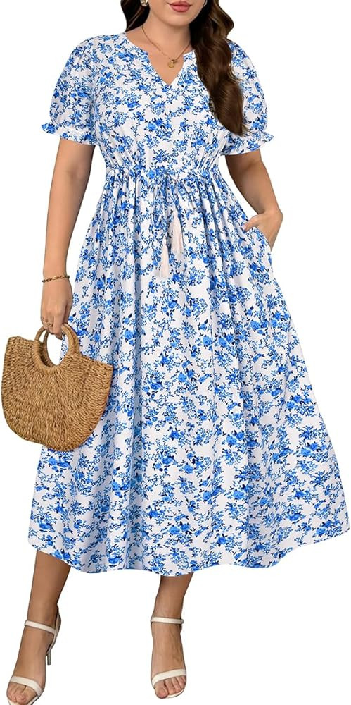 RITERA Plus Size Midi Dress for Women Casual V NeckShort Sleeve Ruffle Flowy Boho Drawstring Tass... | Amazon (US)