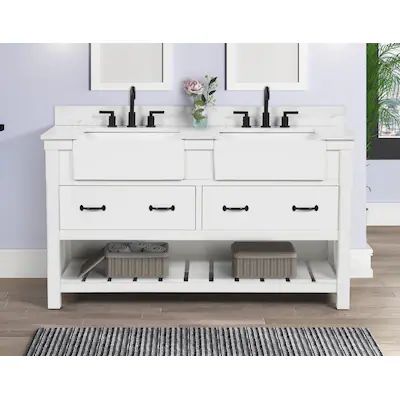 allen + roth Briar 60-in Carrara White Farmhouse Double Sink Bathroom Vanity with White Engineere... | Lowe's