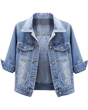 Locachy Womens 3/4 Sleeve Short Denim Jacket Lapel Button Down Cropped Trucker Jean Jackets Coats | Amazon (US)