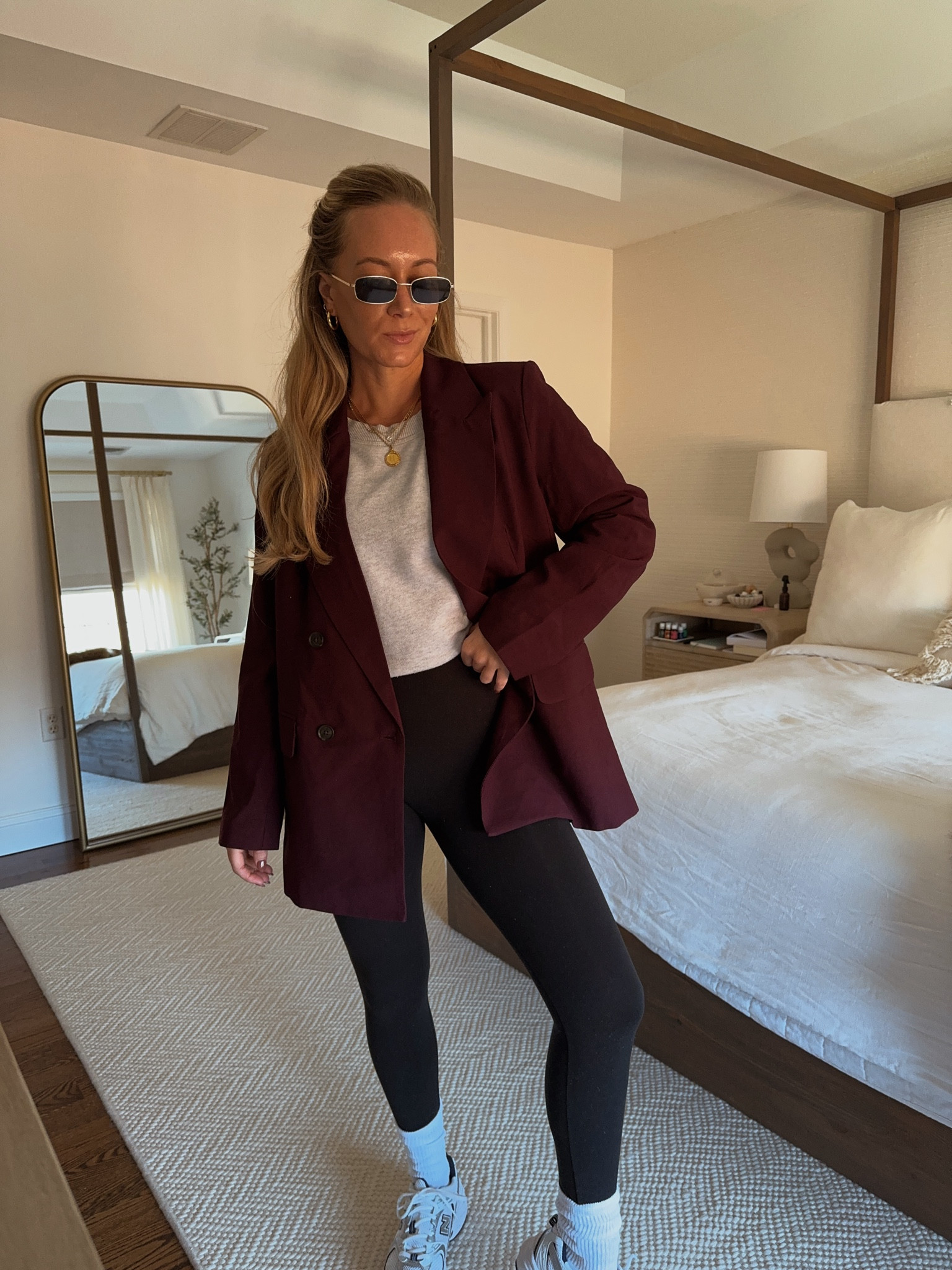 Casual Sunday outfit wearing a target blazer, Abercrombie, oversized crew sweatshirt with Spanx leggings and new balance 530  

I did a medium in the blazer for an oversized fit