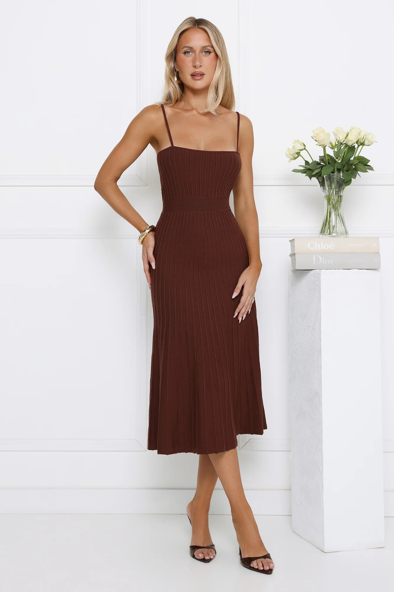 Tennis Club Knit Pleated Midi Dress Chocolate | Hello Molly (US)