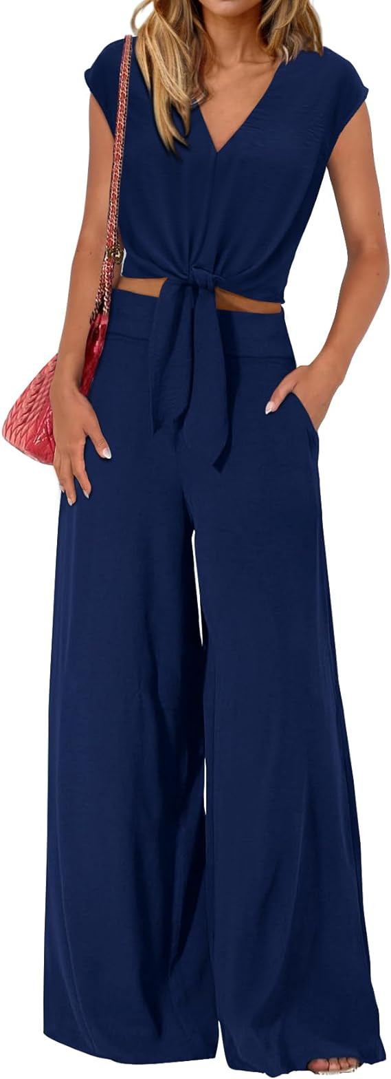 PRETTYGARDEN Womens Summer 2 Piece Outfits 2026 Tracksuit | Trendy Cap Sleeve V Neck Belted Crop ... | Amazon (US)