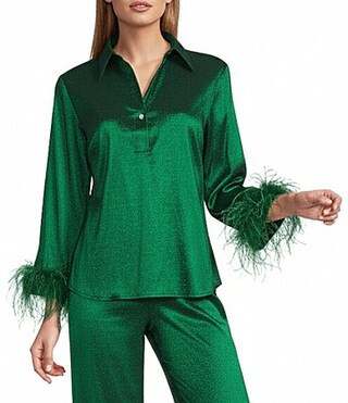 Preston York Coordinating Thea Feather Collar 34 Sleeve Stretch Taffeta Blouse - S | Dillard's