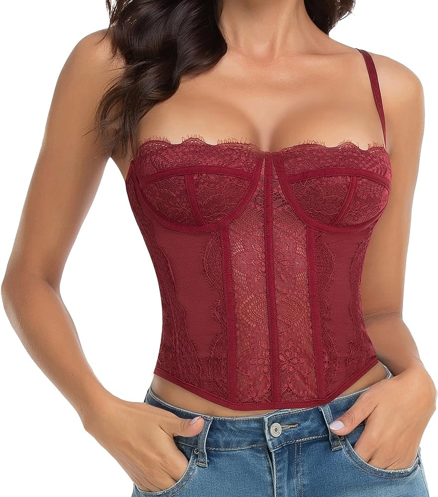 Lace Bustier Corset Tops for Women - Sexy Going Out Party Club Top with Buckle | Amazon (US)