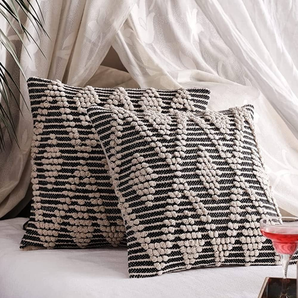 Oparun Box Set of 2 Boho Throw Pillow Covers for Couch 18 x 18 Inch Textured Boho Pillow, Hand-Wo... | Amazon (US)