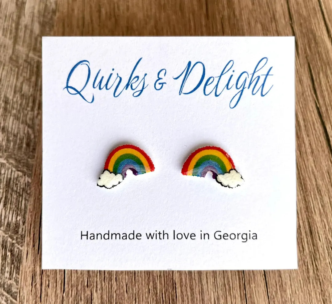 Rainbow Earrings / Tiny Rainbow Stud Jewelry / Pride Gift / Rainbow With Cloud Stud Earrings - Et... | Etsy (US)