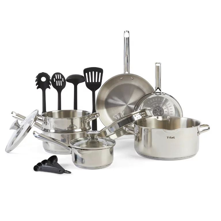 T-fal Cook & Strain Stainless Steel Cookware Set, 14 Piece Set, Dishwasher Safe | Walmart (US)