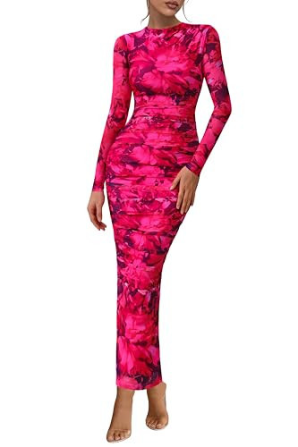 PRETTYGARDEN Women's Long Sleeve Maxi Dress 2025 Fall Ruched Bodycon Floral Mesh Formal Wedding Guest Cocktail Party Dresses (Black Rose Red,L) | Amazon (US)