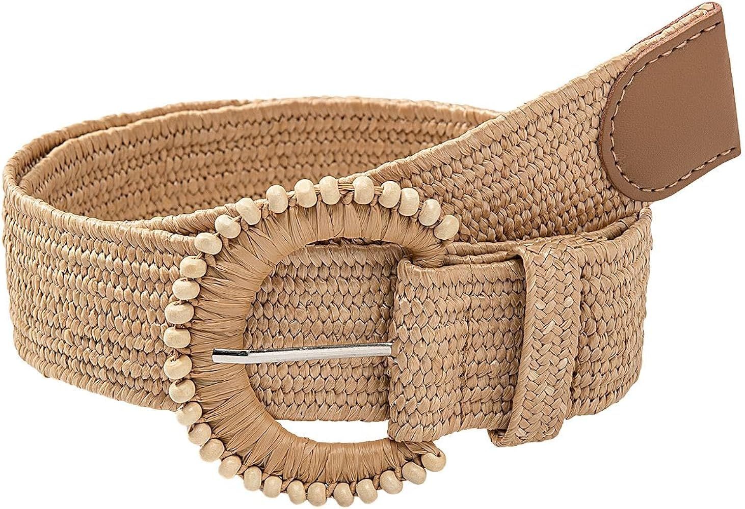 Verdusa Women's Round Buckle Straw Belts Boho Braided Waist Belt | Amazon (US)
