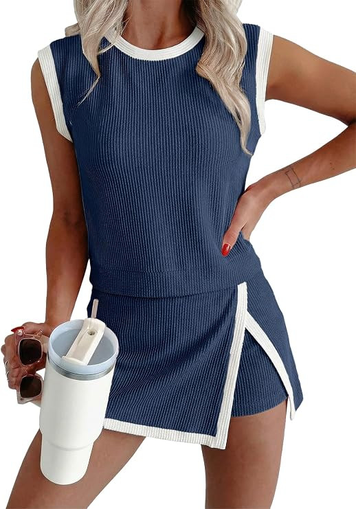 EVALESS 2 Piece Sets Women Summer Workout Outfits | Ribbed Knit, Tank Top and Lined Split Skirt, ... | Amazon (US)
