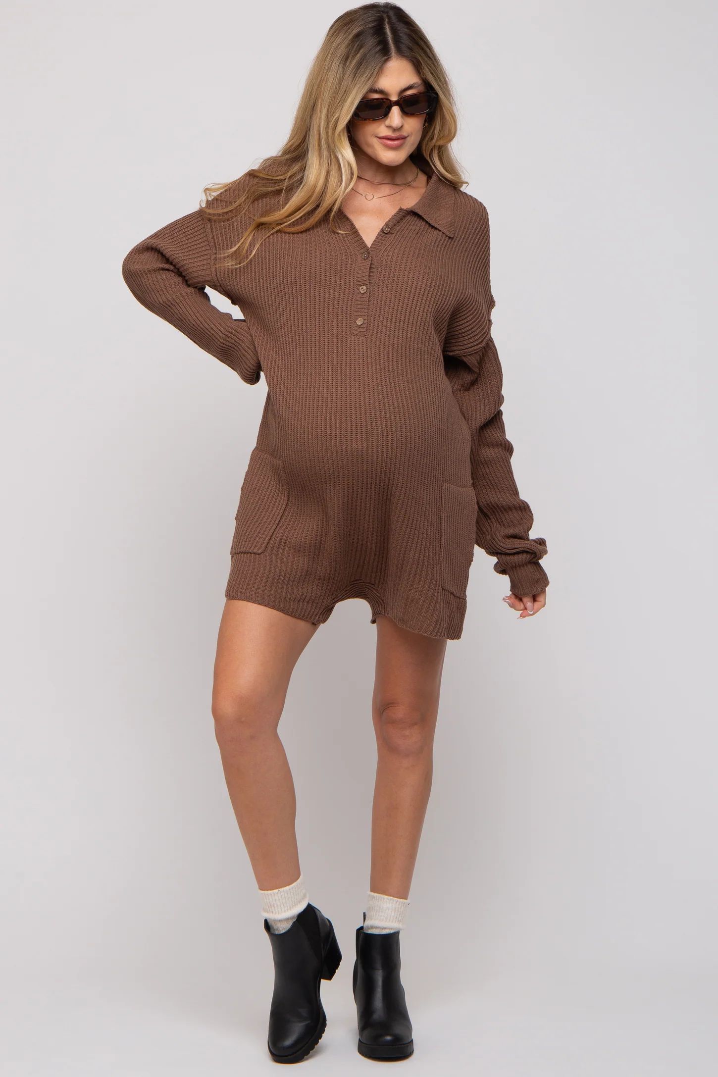 Mocha Button Up Maternity Sweater Romper | PinkBlush Maternity