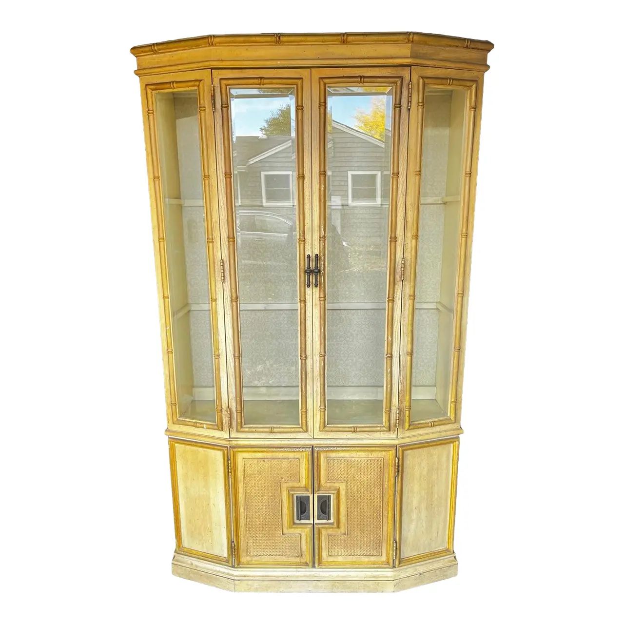 1970s Vintage Stanley Lighted Faux Bamboo and Cane China Display Cabinet | Chairish