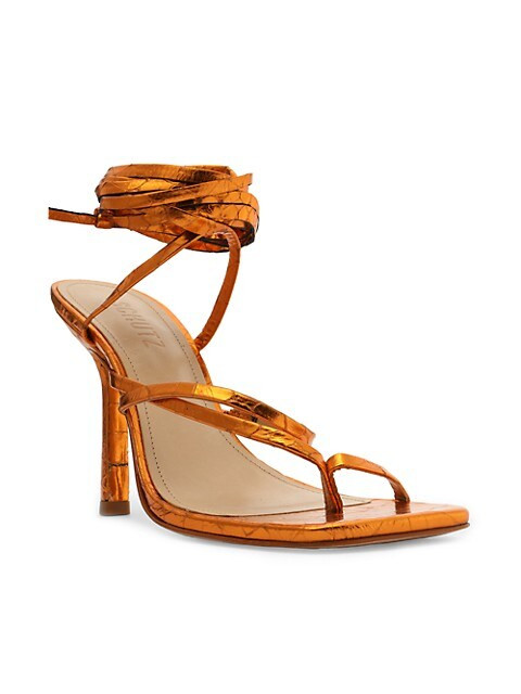 Schutz Lily Croc-Embossed Metallic Leather Ankle-Wrap Sandals | Saks Fifth Avenue
