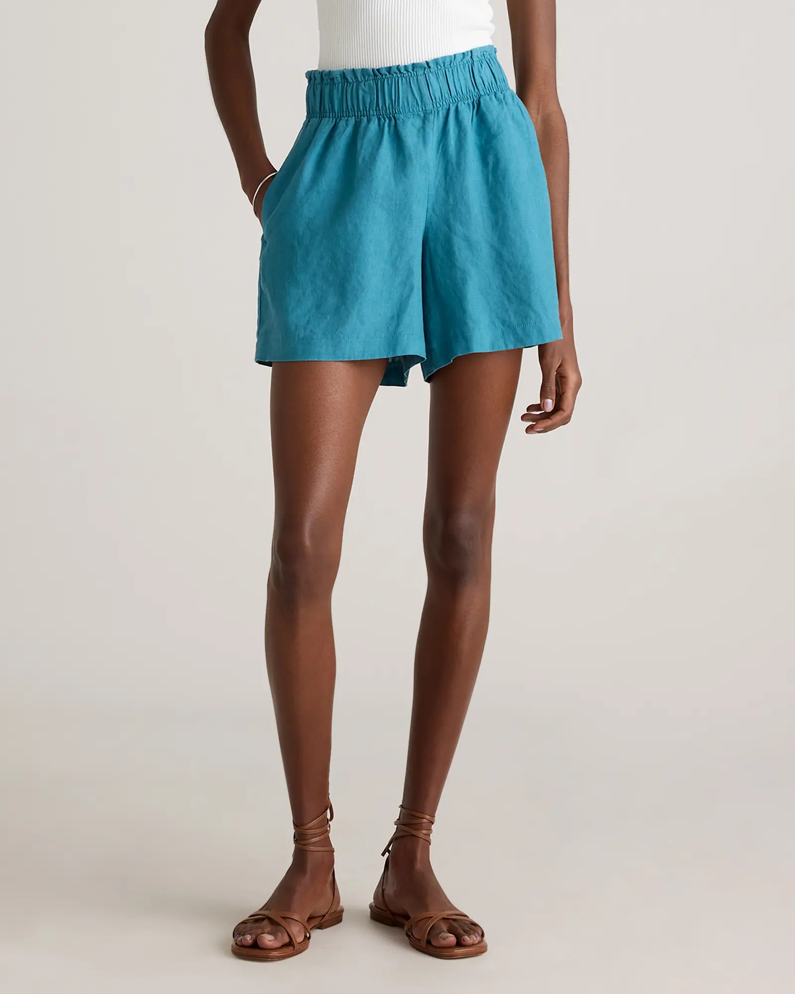100% European Linen High Waisted Shorts in Mineral Blue | Quince