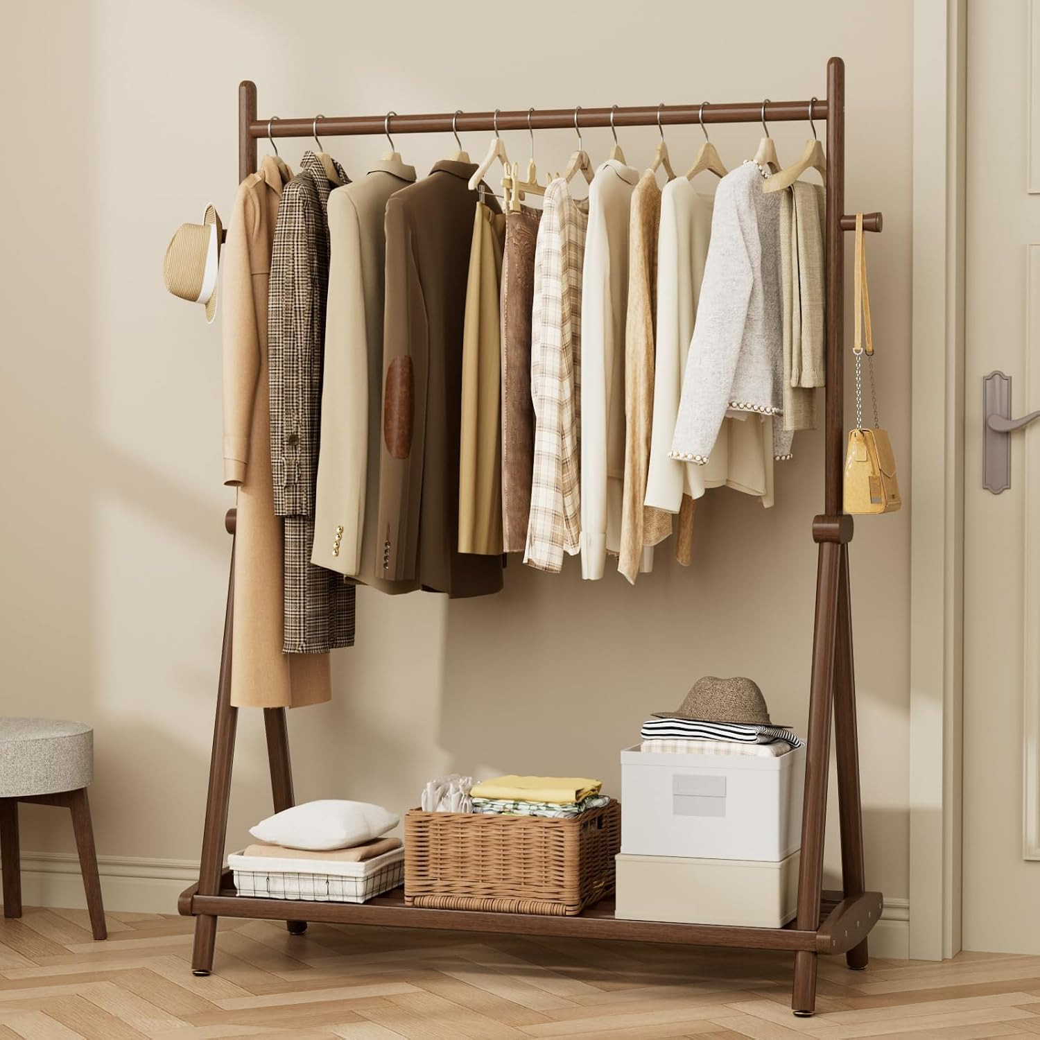 Solid Wood Coat Rack, Freestanding with Double Rods 2 Shelves | Amazon (US)
