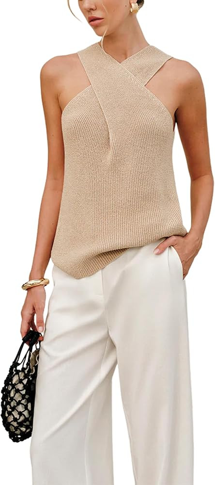 Yeokou Women Halter Cross Over Collar Tank Knit Sleeveless Top Solid Color Casual Summer Blouse | Amazon (US)