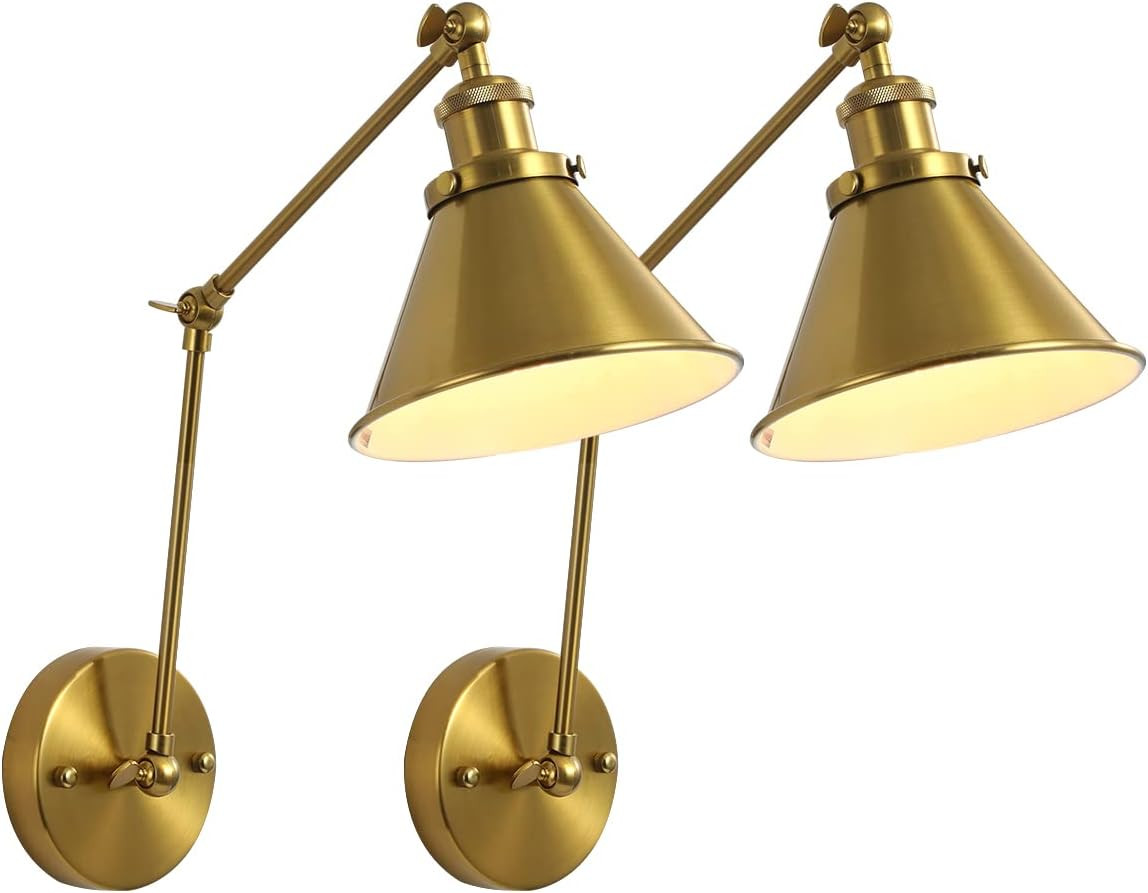 OVANUS Gold Swing Arm Wall Sconce, Adjustable Hardwired Wall Lamp Set of 2 | Amazon (US)