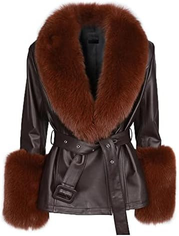 Denny&Dora Brown Women Real Fox Fur Collar Genuine Leather Jacket Short Leather Jacket | Amazon (US)