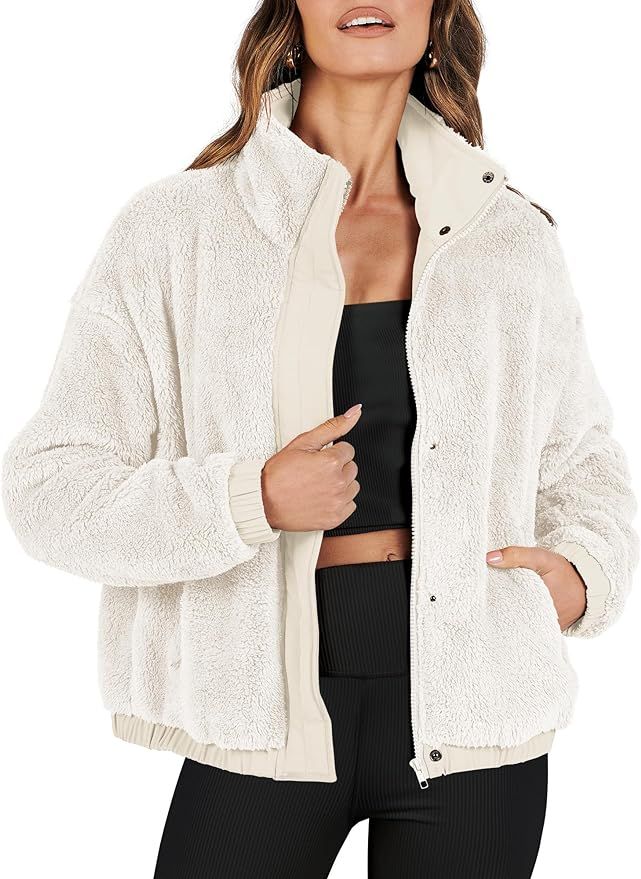 ANRABESS Women Sherpa Fleece Jackets Casual Long Sleeve Buttons Cropped Coat Winter Outwear | Amazon (US)