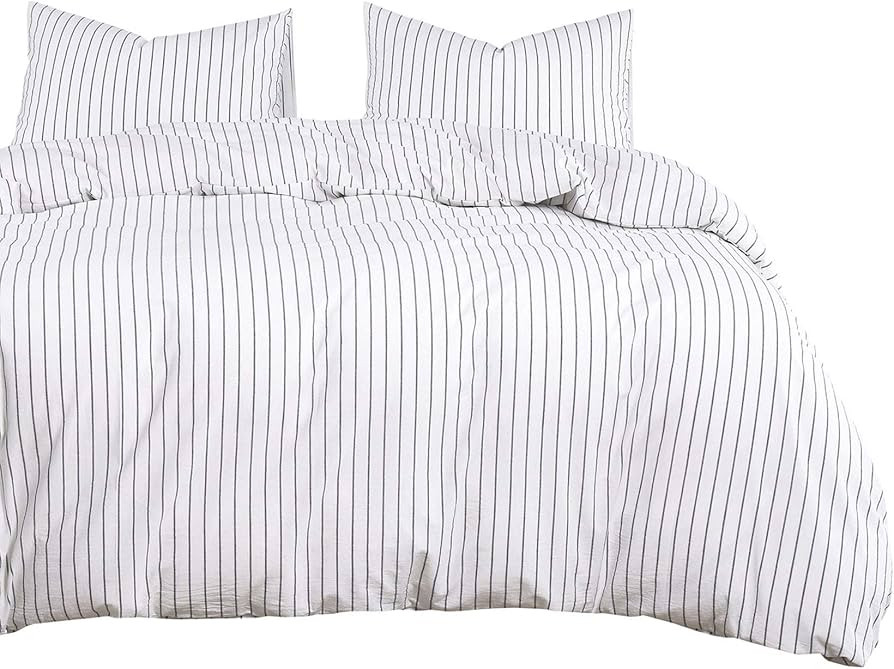 Wake In Cloud - White Striped Duvet Cover Set, 100% Washed Cotton Bedding, Black Vertical Ticking... | Amazon (US)