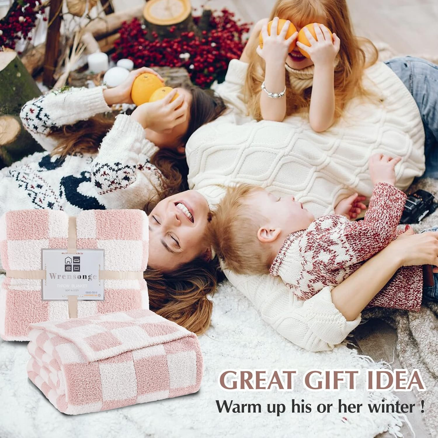 WRENSONGE Checkered Throw Blanket, Pink Microfiber Soft Cozy Fluffy Warm Hand Made Weave Throw Bl... | Amazon (US)