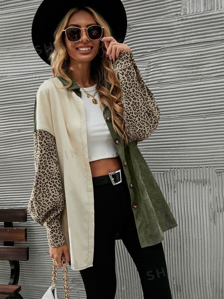 SHEIN LUNE Cut And Sew Leopard Corduroy Coat | SHEIN