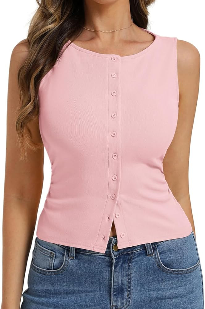Belle Poque Womens Button Down Tank Tops Ribbed Summer Vest Slim Fit Crop Going Out Tops Open Fro... | Amazon (US)