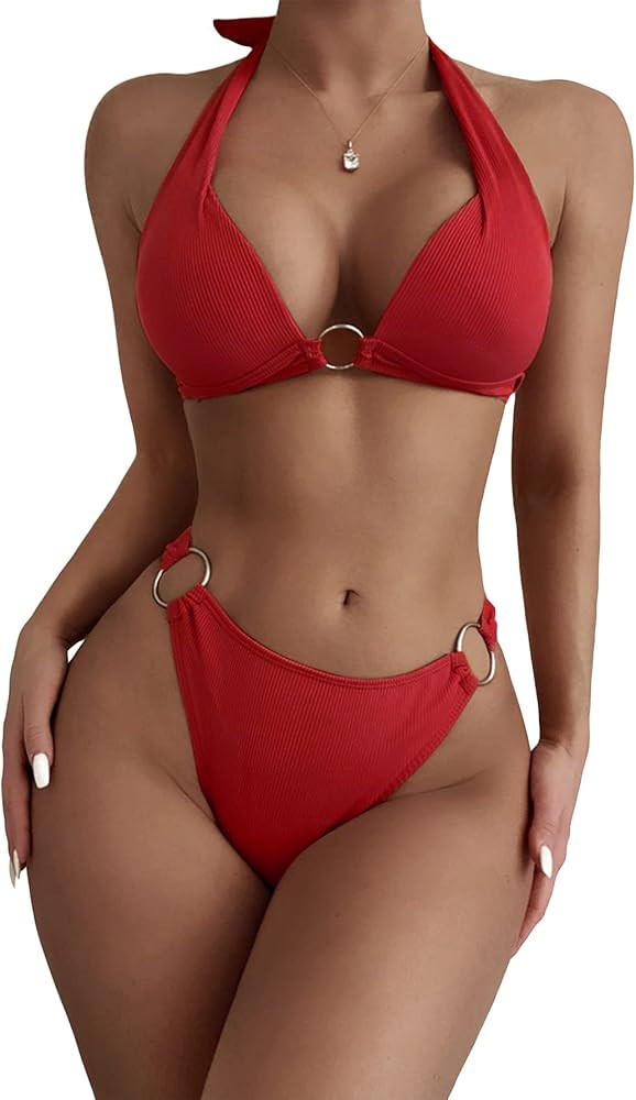 SweatyRocks Women's Ring Linked Halter Push Up Bikini Swimsuit High Stretch Bathing Suit Swimwear... | Amazon (US)