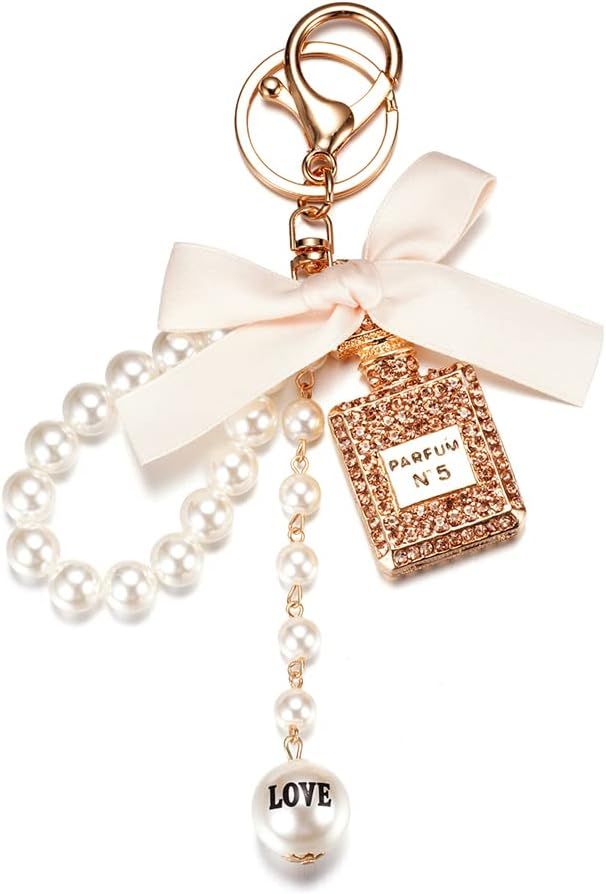 SWJEWEL Perfume Bottle Diamond Keychain Cute Bow-Knot Pearl Beads Handbag Personalized Keyring fo... | Amazon (US)