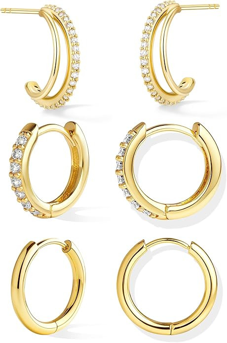 Inerney 14K Gold Plated Huggie Hoop Earrings for Women, Small Sterling Silver Earring Set Hypoall... | Amazon (US)
