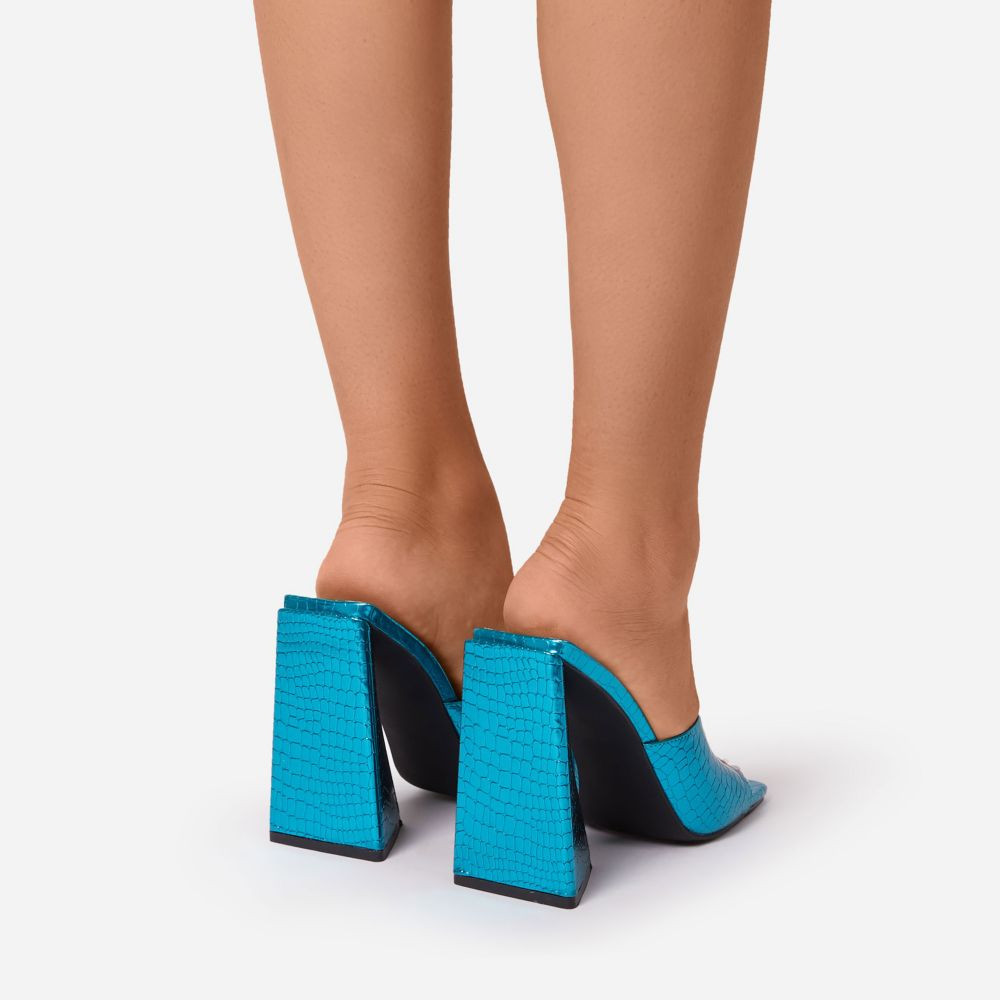 Avalon Square Peep Toe Sculptured Flared Block Heel Mule In Blue Metallic Croc Print | EGO (UK)