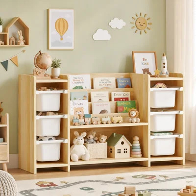 Pine Wood Montessori Kids Bookshelf Toy Storage Organizer with 3-Tier Shelves & 6 Toy Bins, Storage Cabinet for Playroom, Nursery, Classroom & Daycare | Wayfair North America