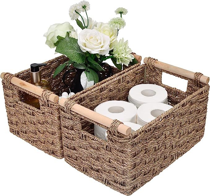 StorageWorks Hand-Woven Storage Baskets with Wooden Handles, Seagrass Wicker Baskets for Organizi... | Amazon (US)