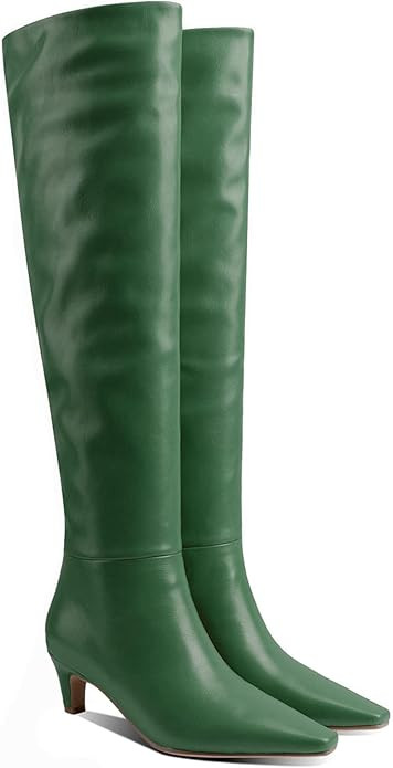 MOOMMO Women Kitten Heel Over Knee High Boots Square Toe Matte Leather Pull On Wide Calf Pleated ... | Amazon (US)