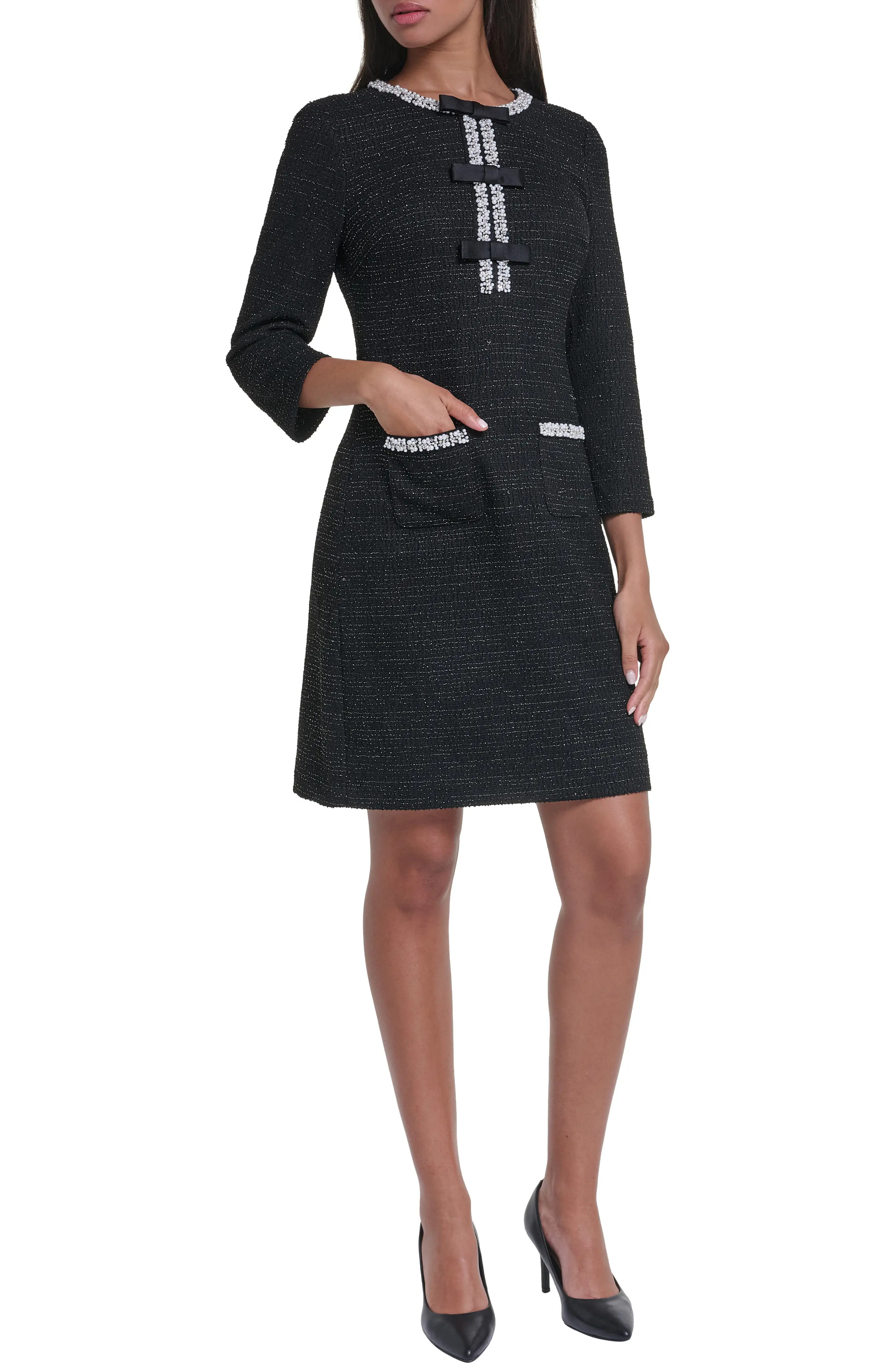 KARL LAGERFELD PARIS Bead Detail Shimmer Knit Tweed Shift Minidress in Black/silver Multi at Nordstrom, Size 12 | Nordstrom