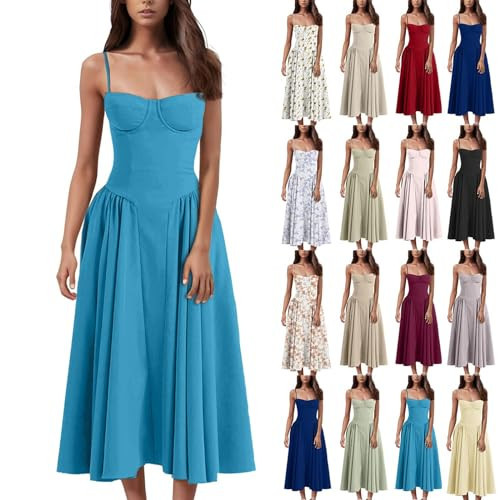 Floral Corset Midi Dress Flowy Slit Summer Spring Wedding Guest Dresses for Women Sundress with Pockets | Amazon (US)