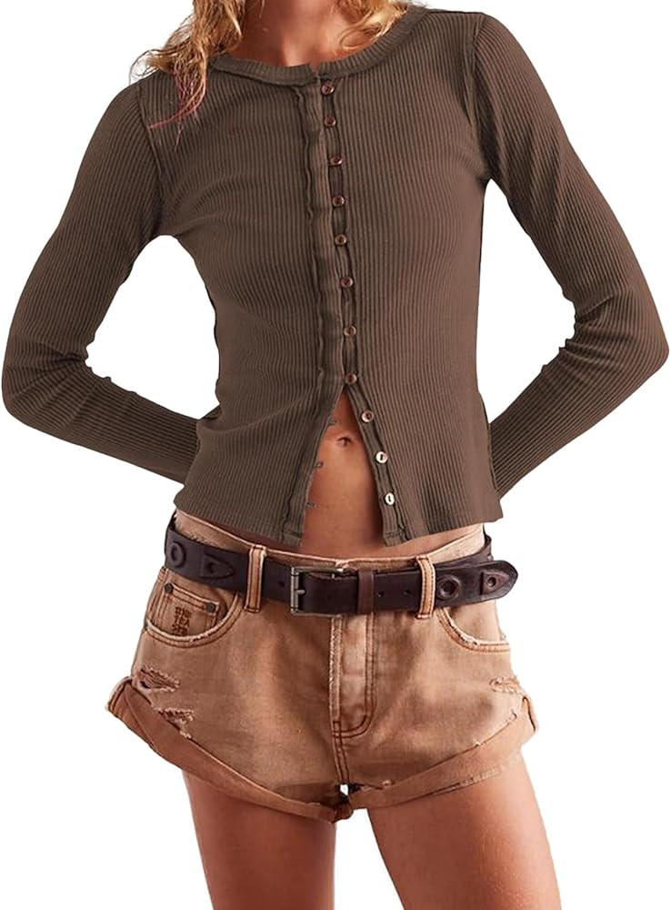 Womens Slim Fitted Cardigan Long Sleeve Y2K Ribbed Button Down Shirts | Amazon (US)