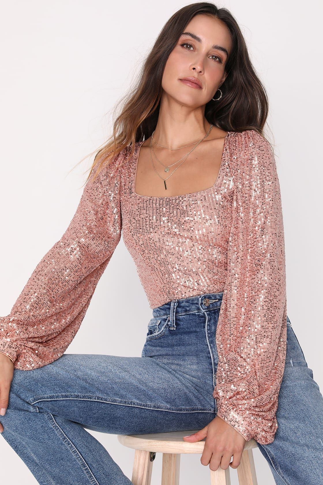Stay Shining Rose Gold Sequin Square Neck Long Sleeve Top | Lulus (US)