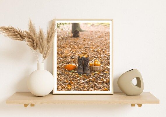 Woodland Boots & Pumpkins Autumn Print  Colourful Fine Art - Etsy UK | Etsy (UK)