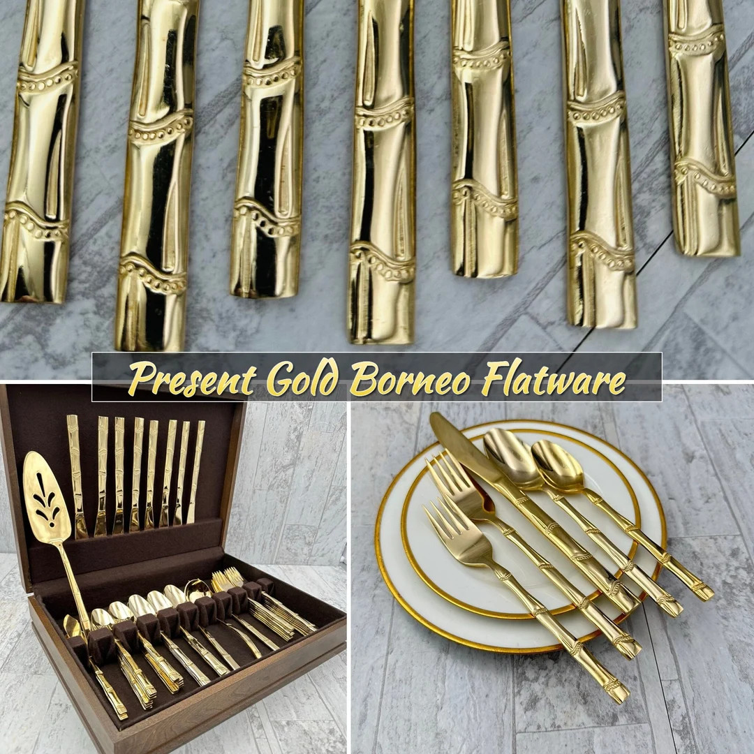 Vintage Gold Flatware Set, Bamboo Golden Borneo Pattern, Present 5th Avenue, Service for 8 - Etsy | Etsy (US)