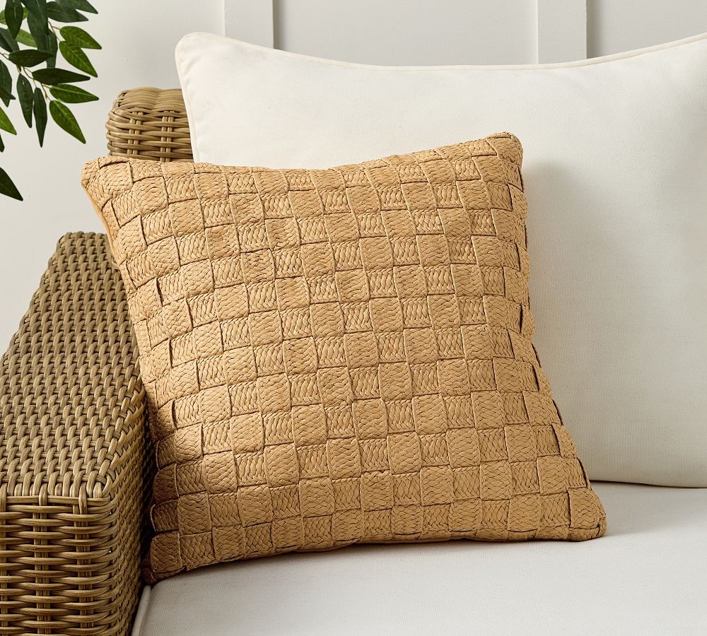 Basketweave Faux Natural Fiber Outdoor Pillow | Pottery Barn (US)