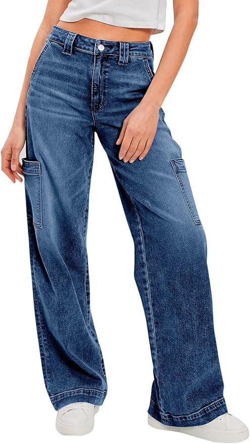 PLNOTME Women's Cargo Jeans Baggy High Waisted Wide Leg Casual Denim Pants with Pockets | Amazon (US)