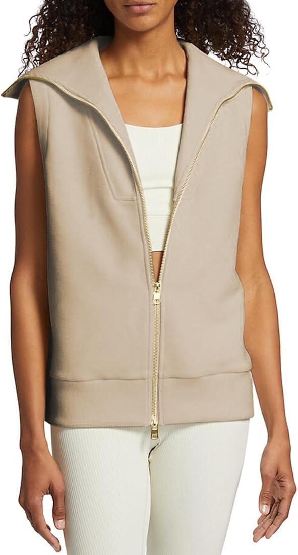 Viottiset Women's Ribbed Full Zip Lapel Collar Sleeveless Sweatshirt Sweater Vest Fall Casual Top | Amazon (US)