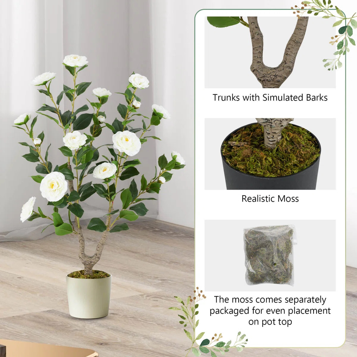 2 Pcs 36" Artificial Camellia Tree Fake Potted Tree Greenery Floral Plant Modern | Wayfair North America