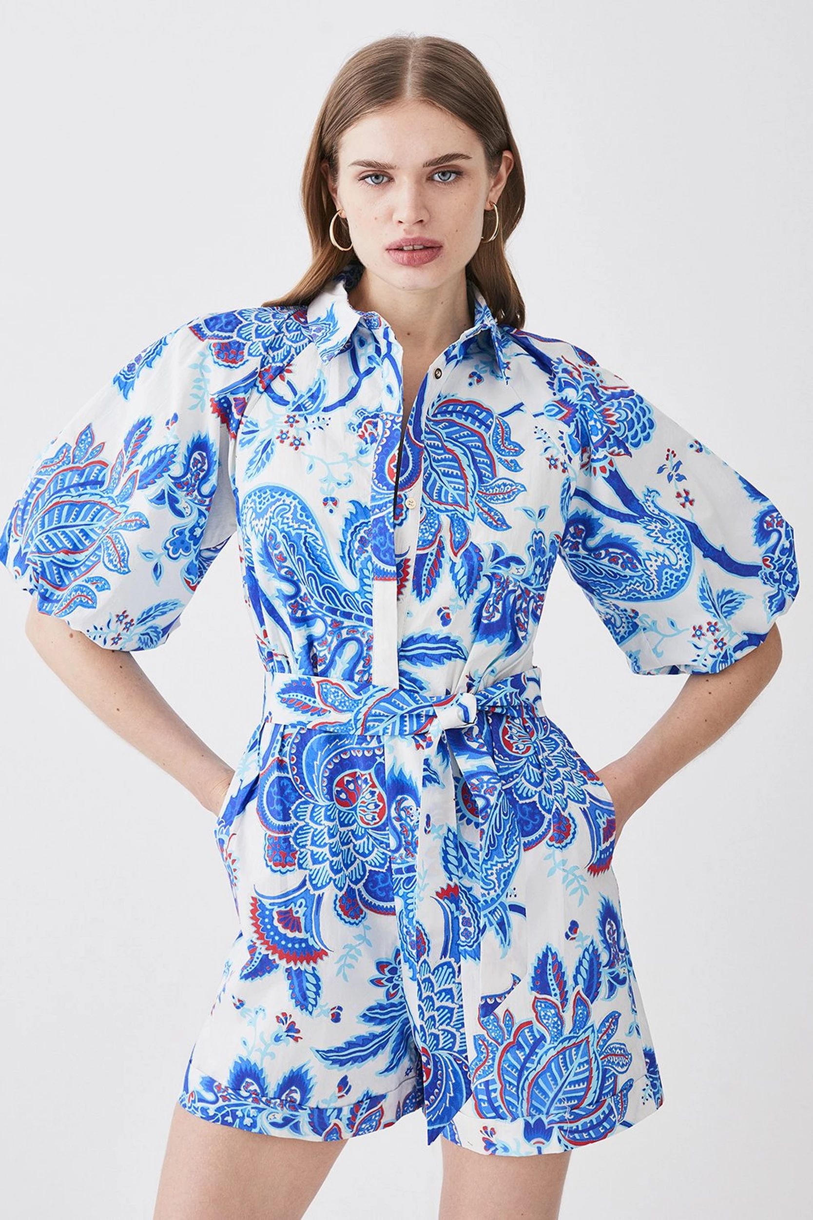 Batik Floral Cotton Belted Romper | Karen Millen US
