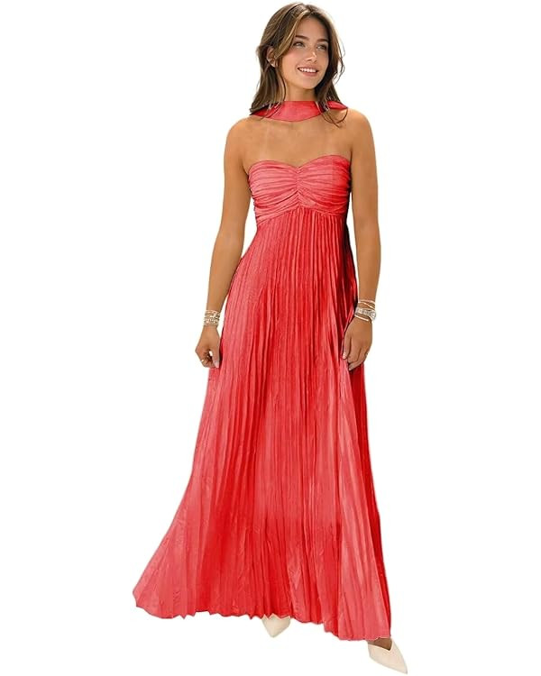 Women's Strapless Chiffon Bridesmaid Dresses with Scarf Long A-Line Pleated Formal Evening Dress ... | Amazon (US)